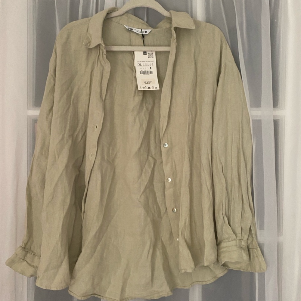 Zara Beige/green linen shirt NWT